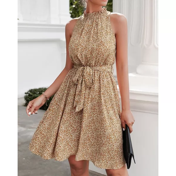 BTFBM Women 2024 Summer Halter Neck Dresses Sleeveless Casual Floral Polka Dot Print Short Boho Ruffle SundressFloral Print Yellow