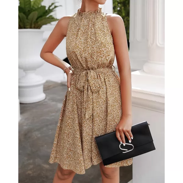 BTFBM Women 2024 Summer Halter Neck Dresses Sleeveless Casual Floral Polka Dot Print Short Boho Ruffle SundressFloral Print Yellow