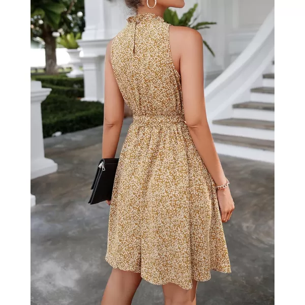 BTFBM Women 2024 Summer Halter Neck Dresses Sleeveless Casual Floral Polka Dot Print Short Boho Ruffle SundressFloral Print Yellow