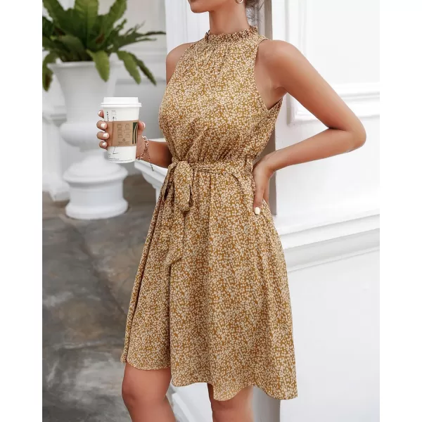 BTFBM Women 2024 Summer Halter Neck Dresses Sleeveless Casual Floral Polka Dot Print Short Boho Ruffle SundressFloral Print Yellow
