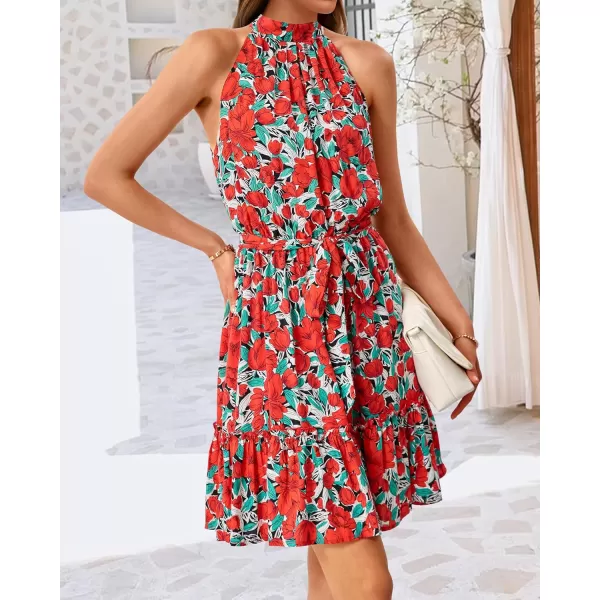 BTFBM Women 2024 Summer Halter Neck Dresses Sleeveless Casual Floral Polka Dot Print Short Boho Ruffle SundressFloral Red