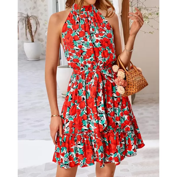 BTFBM Women 2024 Summer Halter Neck Dresses Sleeveless Casual Floral Polka Dot Print Short Boho Ruffle SundressFloral Red