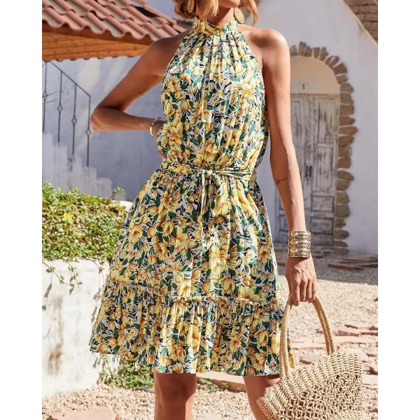 BTFBM Women 2024 Summer Halter Neck Dresses Sleeveless Casual Floral Polka Dot Print Short Boho Ruffle SundressFloral Yellow