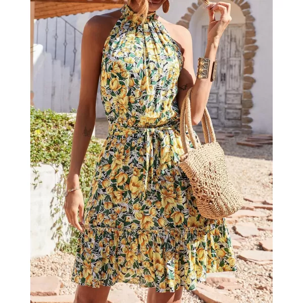 BTFBM Women 2024 Summer Halter Neck Dresses Sleeveless Casual Floral Polka Dot Print Short Boho Ruffle SundressFloral Yellow