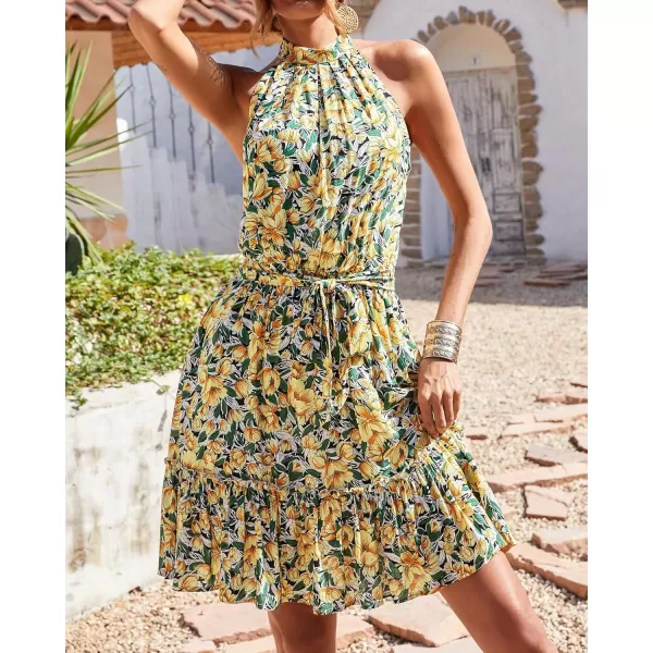 BTFBM Women 2024 Summer Halter Neck Dresses Sleeveless Casual Floral Polka Dot Print Short Boho Ruffle SundressFloral Yellow