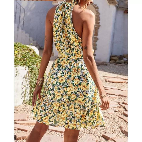 BTFBM Women 2024 Summer Halter Neck Dresses Sleeveless Casual Floral Polka Dot Print Short Boho Ruffle SundressFloral Yellow