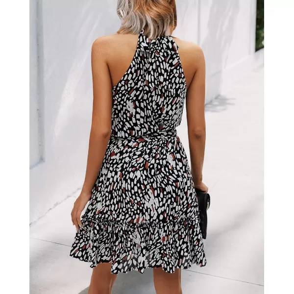 BTFBM Women 2024 Summer Halter Neck Dresses Sleeveless Casual Floral Polka Dot Print Short Boho Ruffle SundressLeopard Black