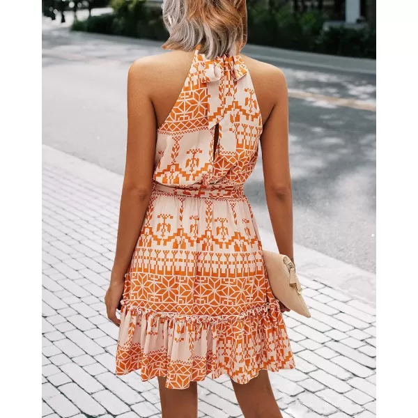 BTFBM Women 2024 Summer Halter Neck Dresses Sleeveless Casual Floral Polka Dot Print Short Boho Ruffle SundressOrangeWhite