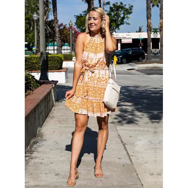 BTFBM Women 2024 Summer Halter Neck Dresses Sleeveless Casual Floral Polka Dot Print Short Boho Ruffle SundressOrangeWhite