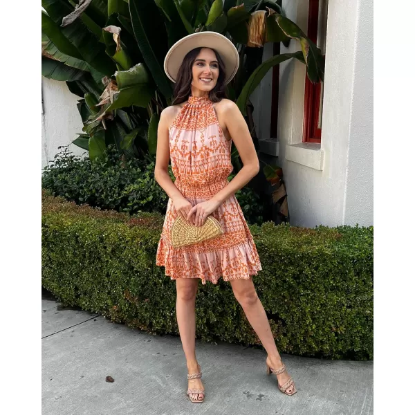 BTFBM Women 2024 Summer Halter Neck Dresses Sleeveless Casual Floral Polka Dot Print Short Boho Ruffle SundressOrangeWhite