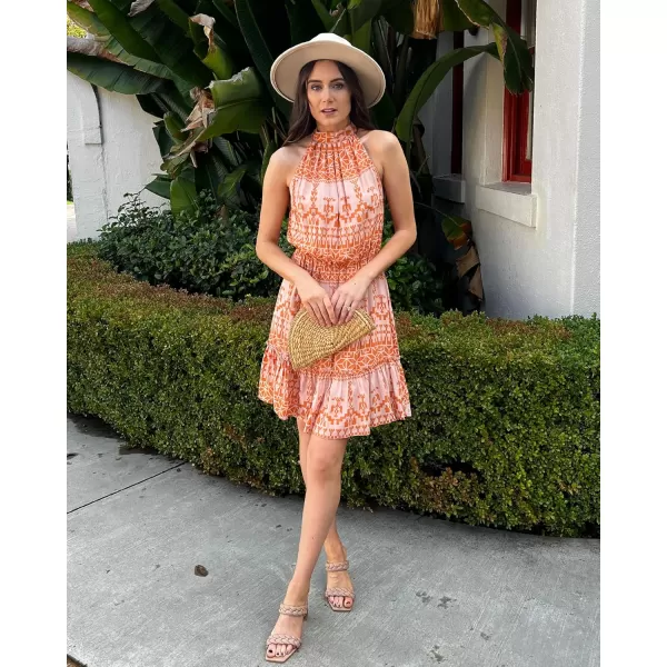 BTFBM Women 2024 Summer Halter Neck Dresses Sleeveless Casual Floral Polka Dot Print Short Boho Ruffle SundressOrangeWhite
