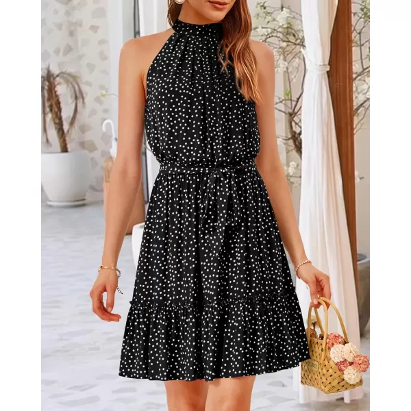BTFBM Women 2024 Summer Halter Neck Dresses Sleeveless Casual Floral Polka Dot Print Short Boho Ruffle SundressPolka Dot Black