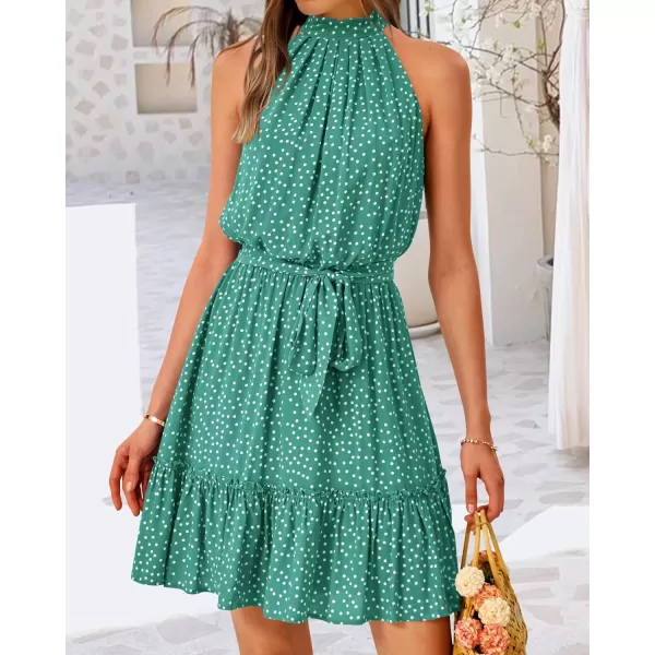 BTFBM Women 2024 Summer Halter Neck Dresses Sleeveless Casual Floral Polka Dot Print Short Boho Ruffle SundressPolka Dot Green