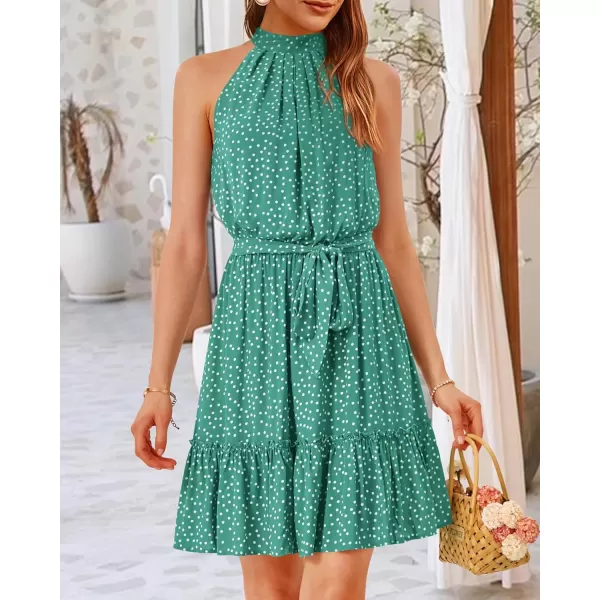 BTFBM Women 2024 Summer Halter Neck Dresses Sleeveless Casual Floral Polka Dot Print Short Boho Ruffle SundressPolka Dot Green