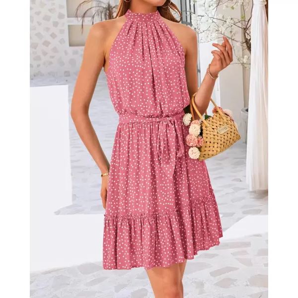 BTFBM Women 2024 Summer Halter Neck Dresses Sleeveless Casual Floral Polka Dot Print Short Boho Ruffle SundressPolka Dot Pink