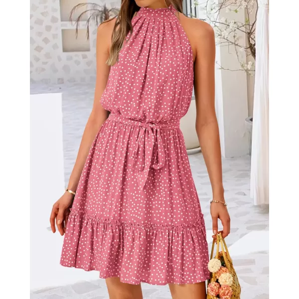 BTFBM Women 2024 Summer Halter Neck Dresses Sleeveless Casual Floral Polka Dot Print Short Boho Ruffle SundressPolka Dot Pink