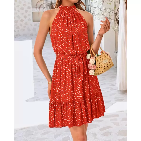 BTFBM Women 2024 Summer Halter Neck Dresses Sleeveless Casual Floral Polka Dot Print Short Boho Ruffle SundressPolka Dot Red