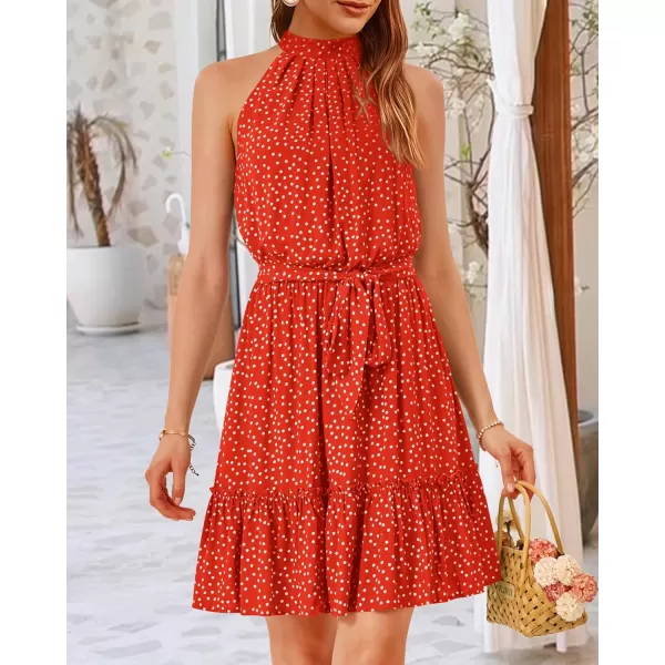 BTFBM Women 2024 Summer Halter Neck Dresses Sleeveless Casual Floral Polka Dot Print Short Boho Ruffle SundressPolka Dot Red