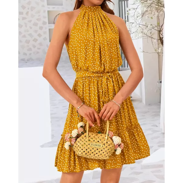 BTFBM Women 2024 Summer Halter Neck Dresses Sleeveless Casual Floral Polka Dot Print Short Boho Ruffle SundressPolka Dot Yellow