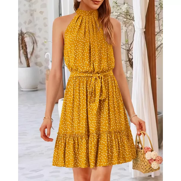 BTFBM Women 2024 Summer Halter Neck Dresses Sleeveless Casual Floral Polka Dot Print Short Boho Ruffle SundressPolka Dot Yellow