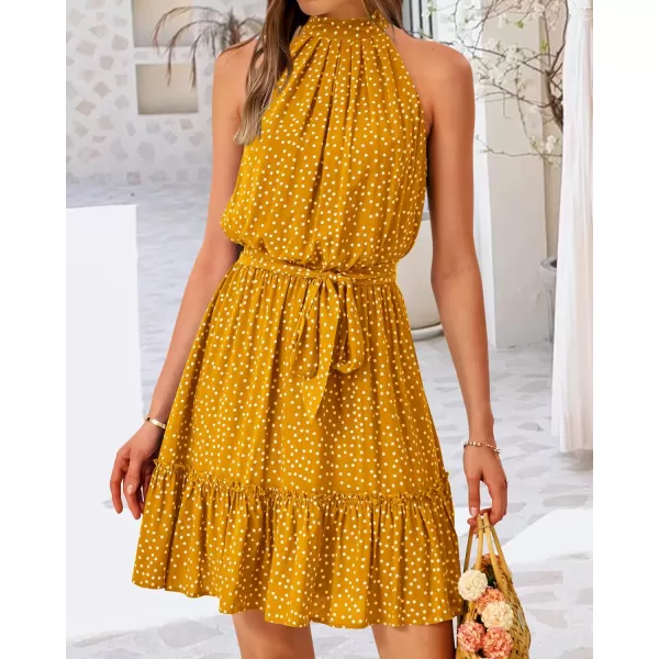 BTFBM Women 2024 Summer Halter Neck Dresses Sleeveless Casual Floral Polka Dot Print Short Boho Ruffle SundressPolka Dot Yellow