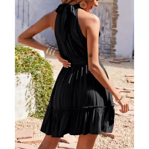 BTFBM Women 2024 Summer Halter Neck Dresses Sleeveless Casual Floral Polka Dot Print Short Boho Ruffle SundressSolid Black