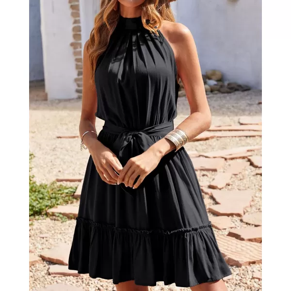 BTFBM Women 2024 Summer Halter Neck Dresses Sleeveless Casual Floral Polka Dot Print Short Boho Ruffle SundressSolid Black