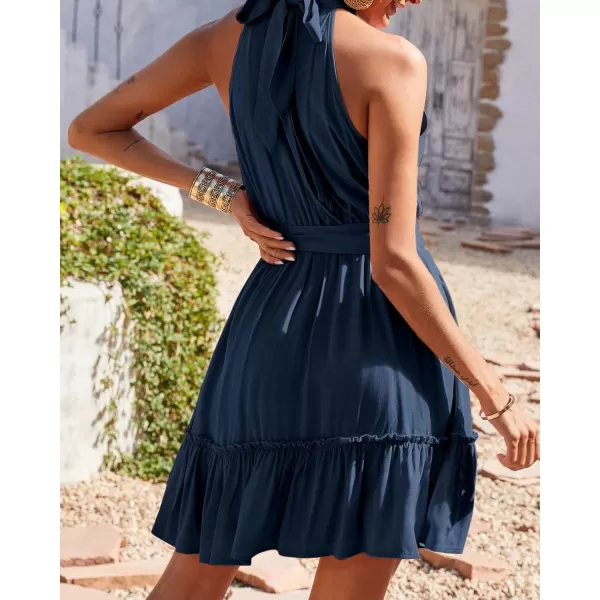 BTFBM Women 2024 Summer Halter Neck Dresses Sleeveless Casual Floral Polka Dot Print Short Boho Ruffle SundressSolid Dark Blue