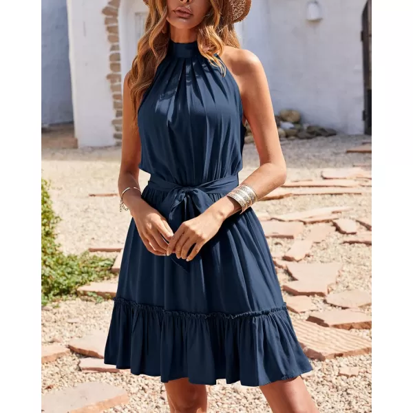 BTFBM Women 2024 Summer Halter Neck Dresses Sleeveless Casual Floral Polka Dot Print Short Boho Ruffle SundressSolid Dark Blue