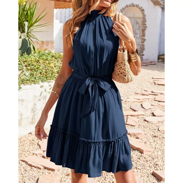 BTFBM Women 2024 Summer Halter Neck Dresses Sleeveless Casual Floral Polka Dot Print Short Boho Ruffle SundressSolid Dark Blue
