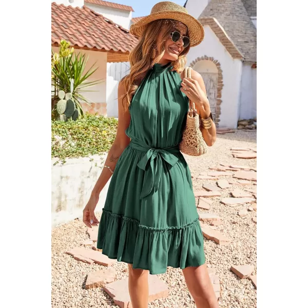 BTFBM Women 2024 Summer Halter Neck Dresses Sleeveless Casual Floral Polka Dot Print Short Boho Ruffle SundressSolid Grey Green