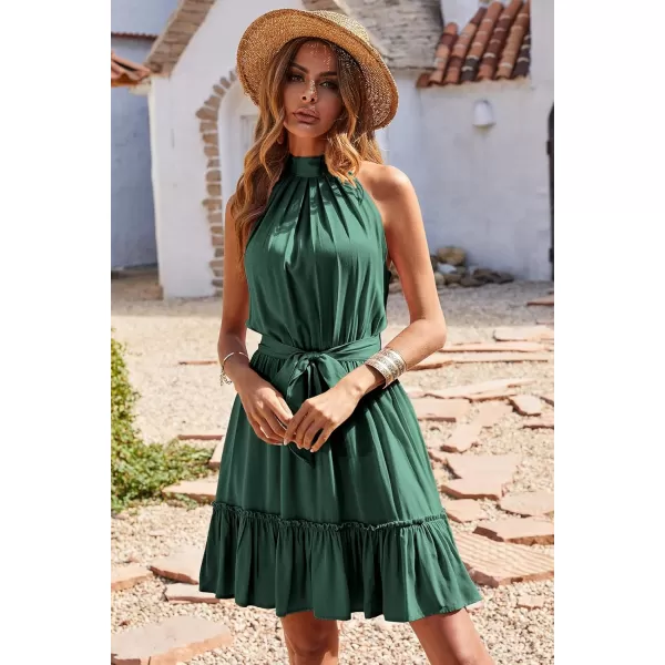 BTFBM Women 2024 Summer Halter Neck Dresses Sleeveless Casual Floral Polka Dot Print Short Boho Ruffle SundressSolid Grey Green