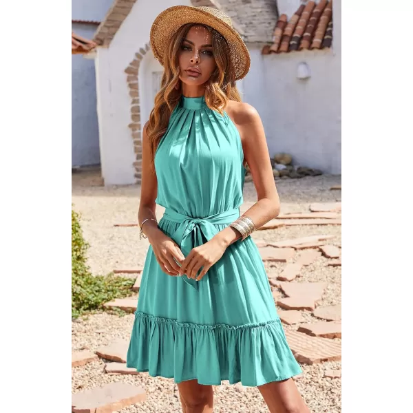 BTFBM Women 2024 Summer Halter Neck Dresses Sleeveless Casual Floral Polka Dot Print Short Boho Ruffle SundressSolid Lake Blue