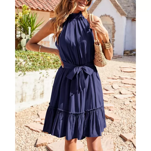 BTFBM Women 2024 Summer Halter Neck Dresses Sleeveless Casual Floral Polka Dot Print Short Boho Ruffle SundressSolid Navy
