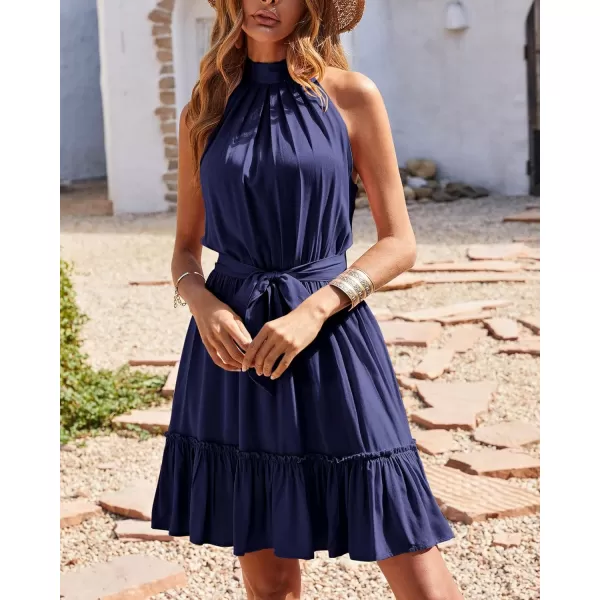 BTFBM Women 2024 Summer Halter Neck Dresses Sleeveless Casual Floral Polka Dot Print Short Boho Ruffle SundressSolid Navy