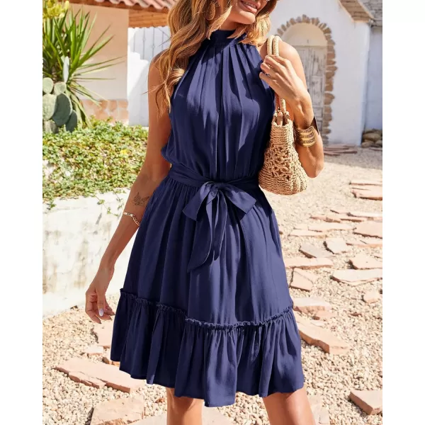 BTFBM Women 2024 Summer Halter Neck Dresses Sleeveless Casual Floral Polka Dot Print Short Boho Ruffle SundressSolid Navy