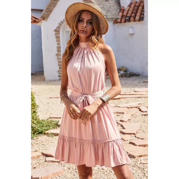 BTFBM Women 2024 Summer Halter Neck Dresses Sleeveless Casual Floral Polka Dot Print Short Boho Ruffle SundressSolid Pink