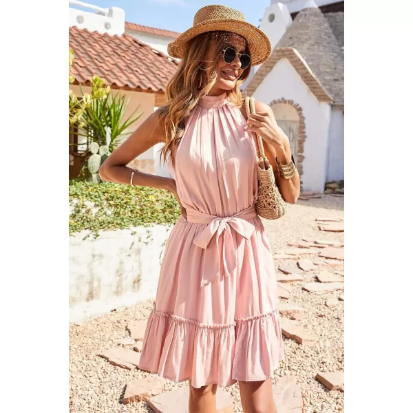 BTFBM Women 2024 Summer Halter Neck Dresses Sleeveless Casual Floral Polka Dot Print Short Boho Ruffle SundressSolid Pink