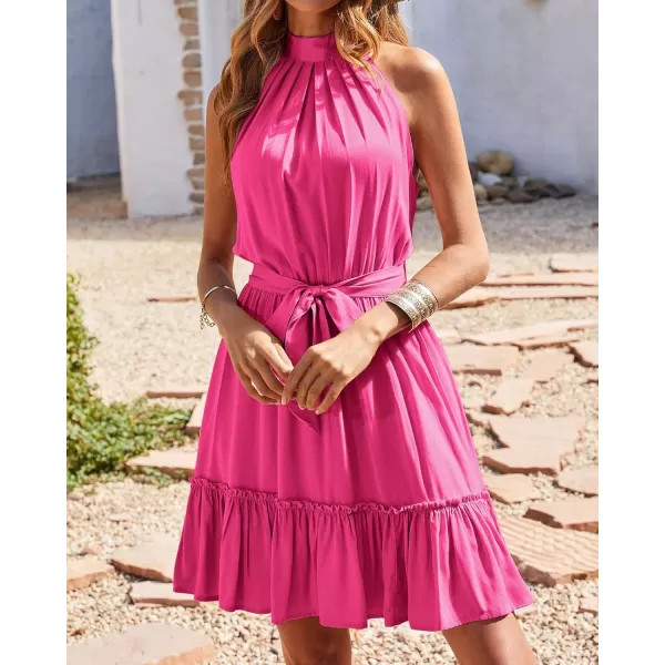 BTFBM Women 2024 Summer Halter Neck Dresses Sleeveless Casual Floral Polka Dot Print Short Boho Ruffle SundressSolid Rose Red