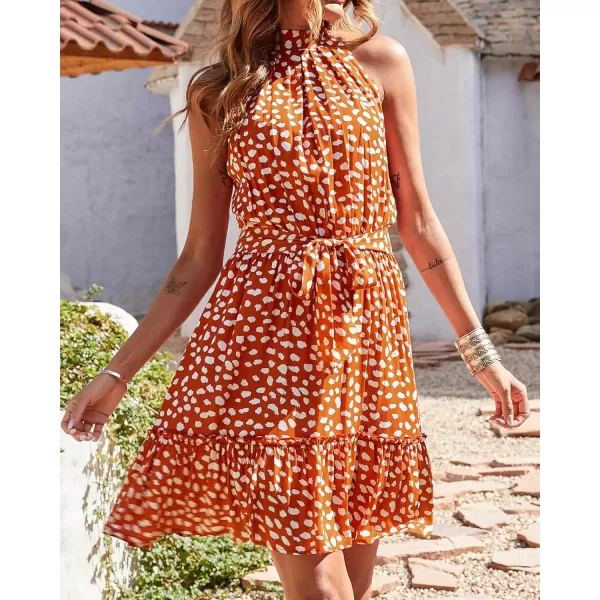 BTFBM Women 2024 Summer Halter Neck Dresses Sleeveless Casual Floral Polka Dot Print Short Boho Ruffle SundressWhite Dot Red