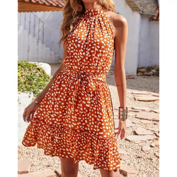 BTFBM Women 2024 Summer Halter Neck Dresses Sleeveless Casual Floral Polka Dot Print Short Boho Ruffle SundressWhite Dot Red
