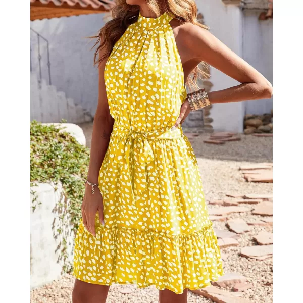 BTFBM Women 2024 Summer Halter Neck Dresses Sleeveless Casual Floral Polka Dot Print Short Boho Ruffle SundressWhite Dot Yellow