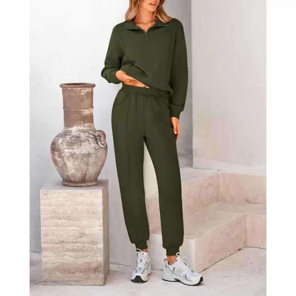 BTFBM Women 2024 Two Piece Tracksuits Sweatsuits Fall Winter Clothes Quarter Zip Sweatshirt Jogger Pants Y2K Lounge SetsArmy Green