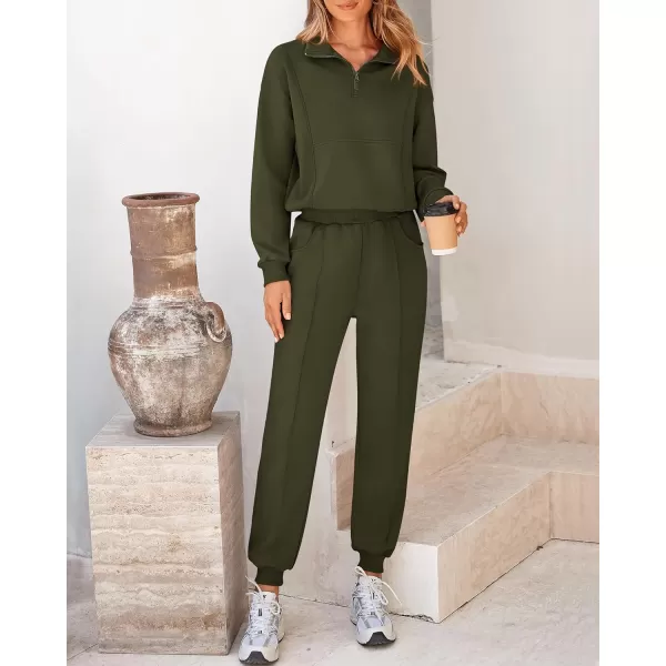 BTFBM Women 2024 Two Piece Tracksuits Sweatsuits Fall Winter Clothes Quarter Zip Sweatshirt Jogger Pants Y2K Lounge SetsArmy Green