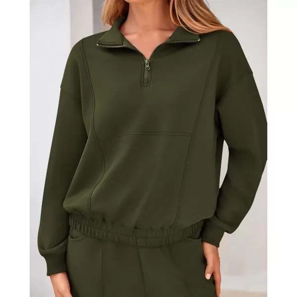 BTFBM Women 2024 Two Piece Tracksuits Sweatsuits Fall Winter Clothes Quarter Zip Sweatshirt Jogger Pants Y2K Lounge SetsArmy Green