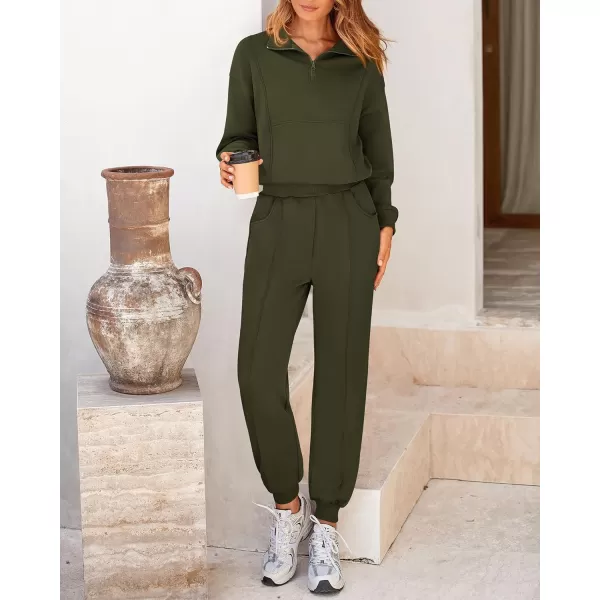 BTFBM Women 2024 Two Piece Tracksuits Sweatsuits Fall Winter Clothes Quarter Zip Sweatshirt Jogger Pants Y2K Lounge SetsArmy Green