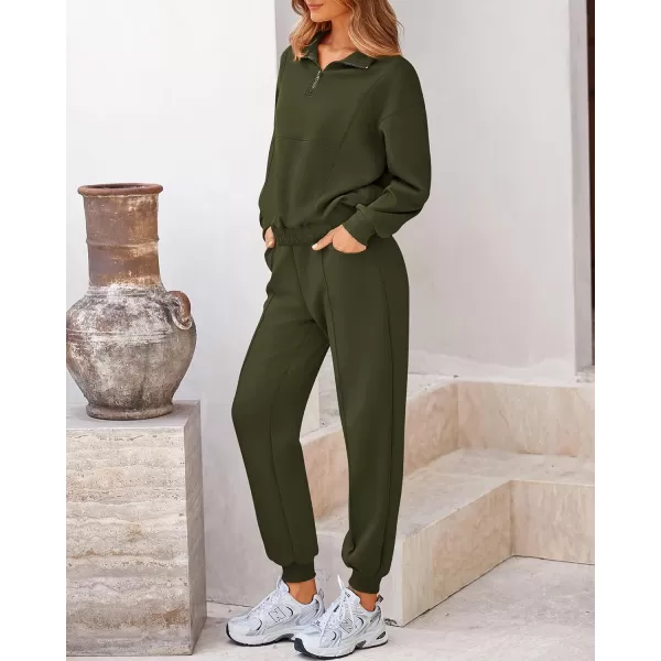 BTFBM Women 2024 Two Piece Tracksuits Sweatsuits Fall Winter Clothes Quarter Zip Sweatshirt Jogger Pants Y2K Lounge SetsArmy Green