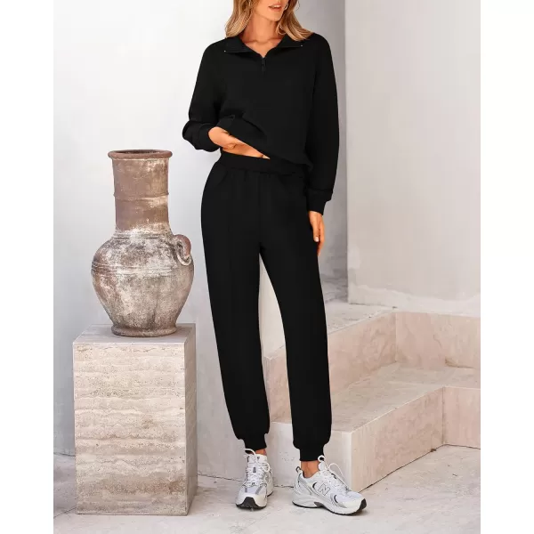 BTFBM Women 2024 Two Piece Tracksuits Sweatsuits Fall Winter Clothes Quarter Zip Sweatshirt Jogger Pants Y2K Lounge SetsBlack