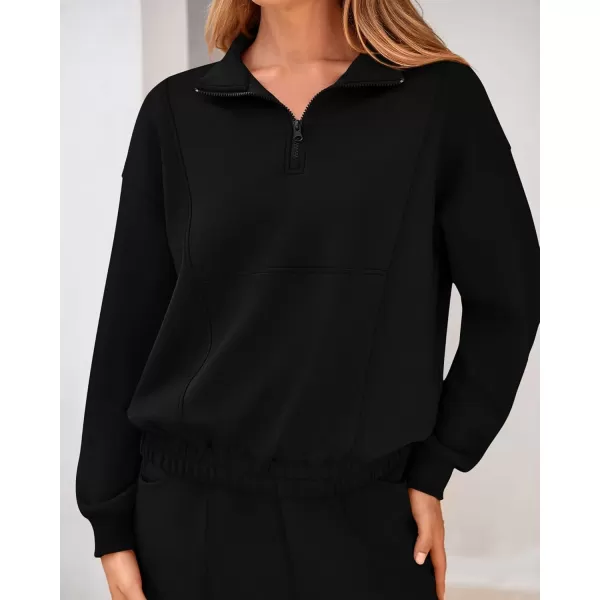 BTFBM Women 2024 Two Piece Tracksuits Sweatsuits Fall Winter Clothes Quarter Zip Sweatshirt Jogger Pants Y2K Lounge SetsBlack