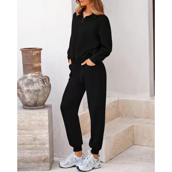 BTFBM Women 2024 Two Piece Tracksuits Sweatsuits Fall Winter Clothes Quarter Zip Sweatshirt Jogger Pants Y2K Lounge SetsBlack